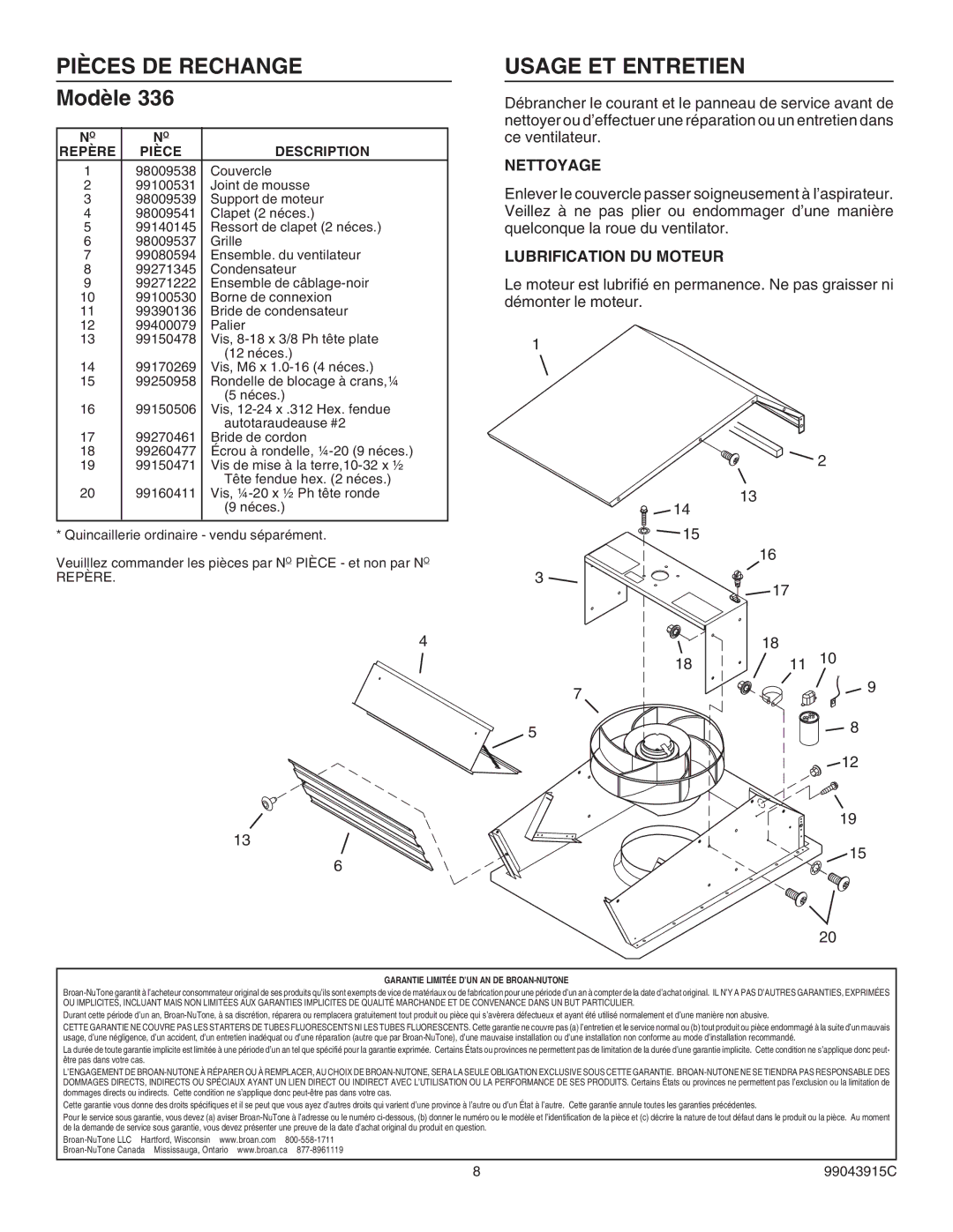 Broan 336 specifications Pièces DE Rechange, Modèle, Usage ET Entretien, Repère Pièce Description 