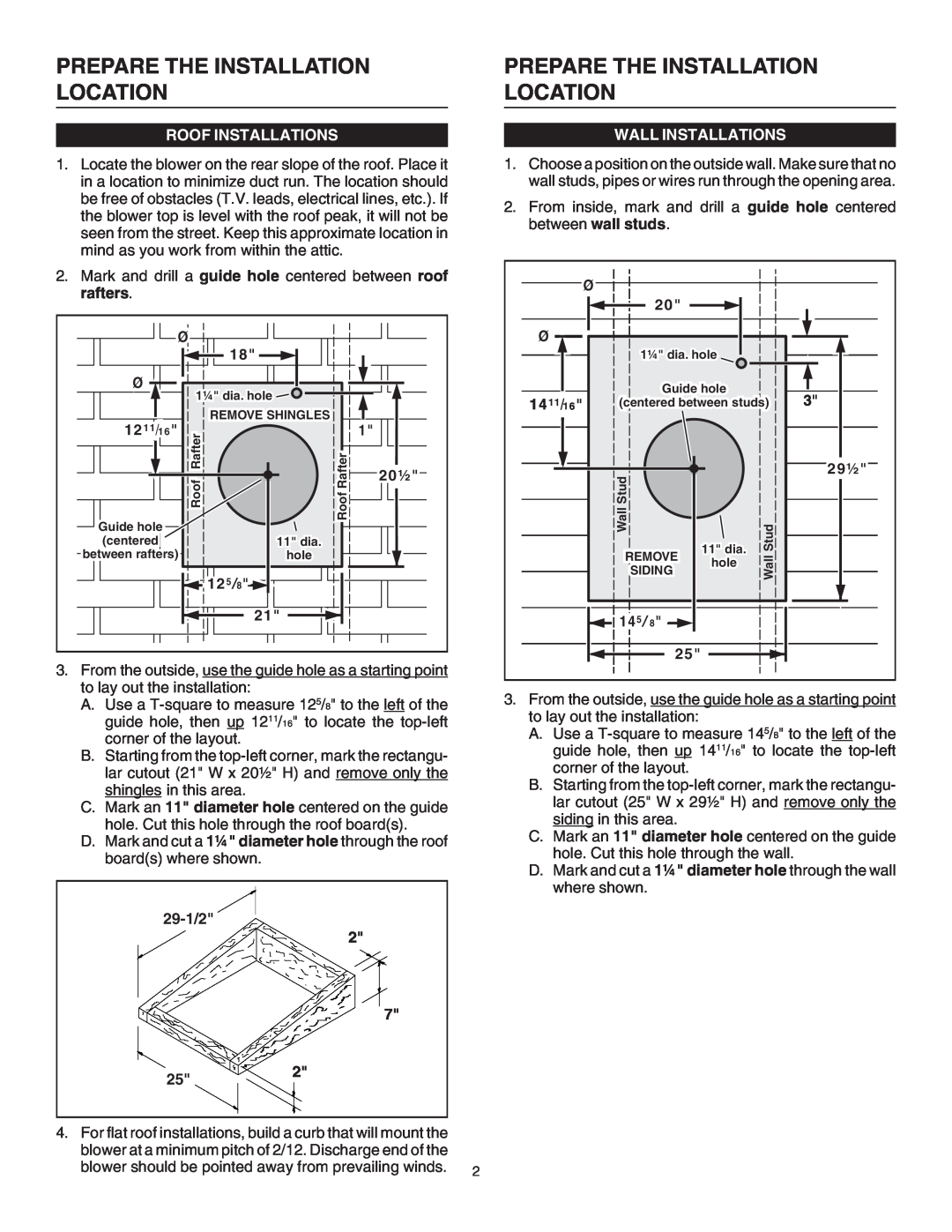 Broan 336 specifications Prepare The Installation Location, Roof Installations, Wall Installations 