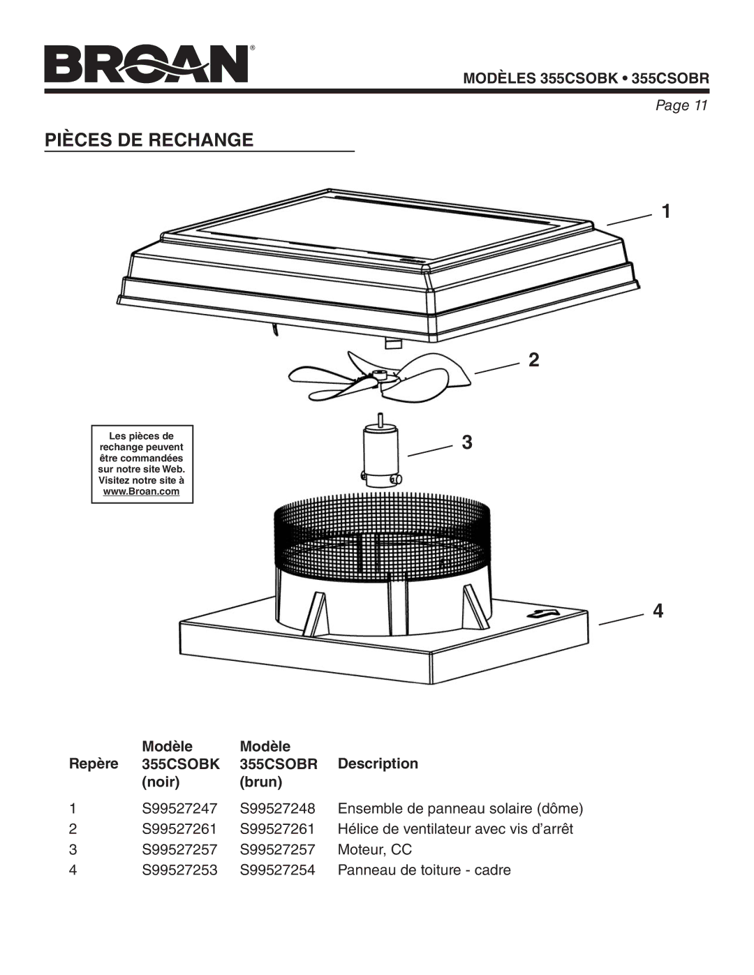 Broan 355CSOBK, 355CSOBR warranty Pièces DE Rechange 