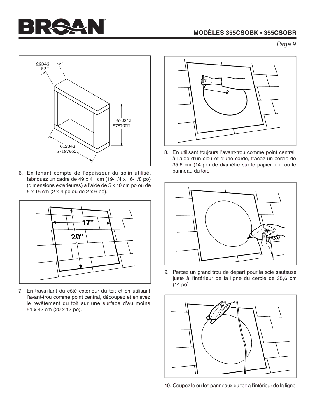 Broan 355CSOBK, 355CSOBR warranty MIN cm 2 po 41 cm 16-1/8 po 49 cm 19-1/4 po 