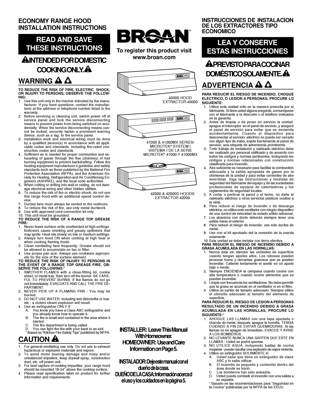 Broan 412401 installation instructions Advertencia, Intendedfordomestic COOKINGONLY. ! Warning 