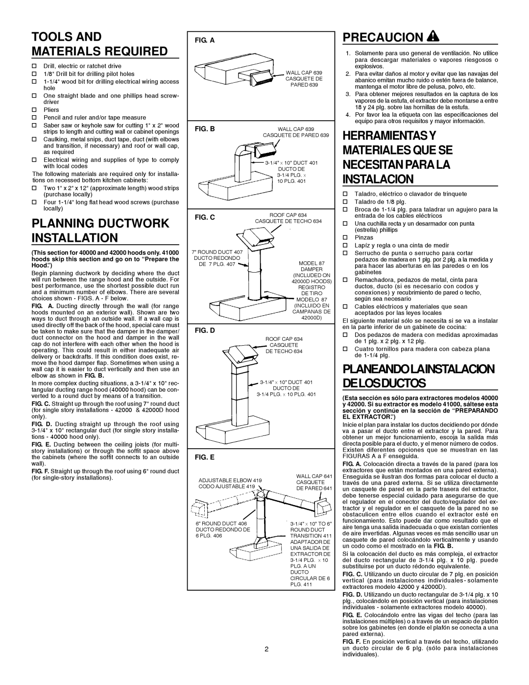 Broan 412401 Planning Ductwork Installation, Precaucion, Tools and Materials Required, Planeandolainstalacion Delosductos 