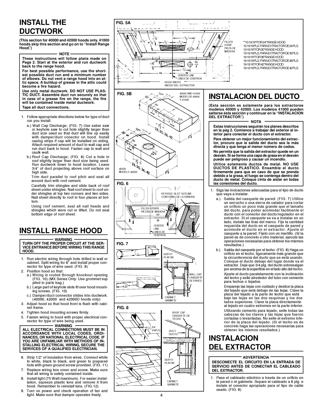 Broan 412401 installation instructions Install Ductwork, Install Range Hood, DEL Extractor, Instalacion DEL Ducto 