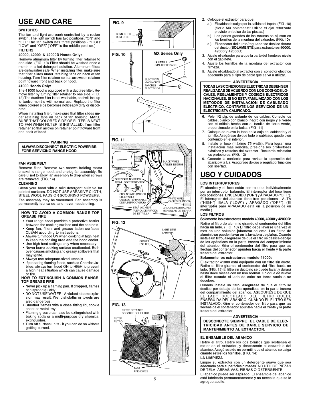 Broan 412401 installation instructions USE and Care, USO Y Cuidados 