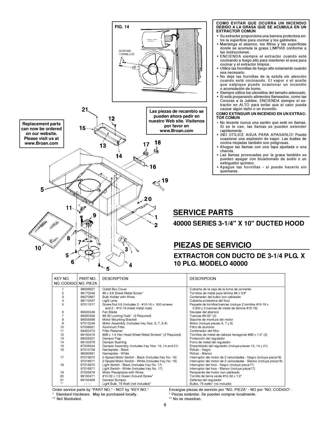 Broan 412401 Service Parts, Piezas DE Servicio, Extractor CON Ducto DE 3-1/4 PLG. X 10 PLG. Modelo 