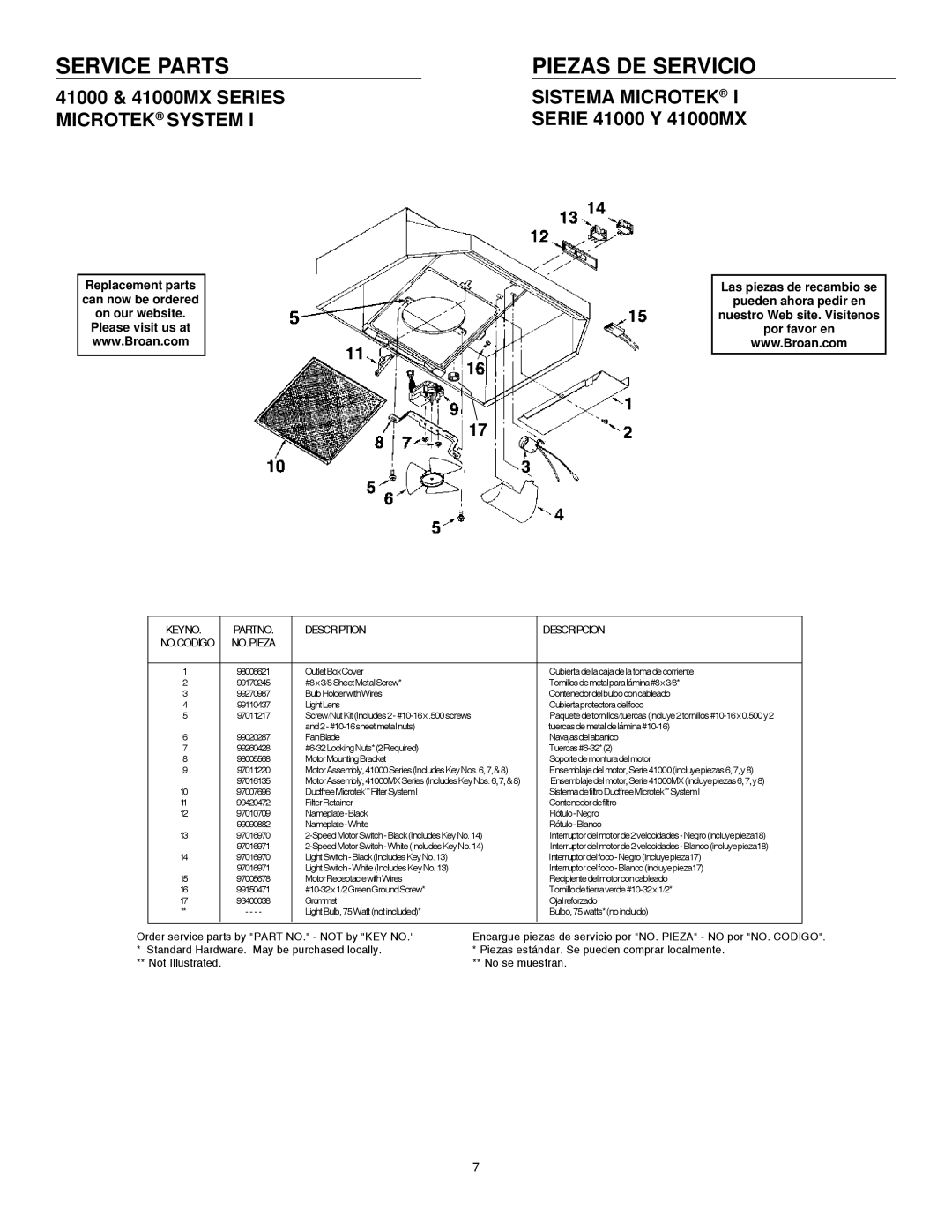 Broan 412401 installation instructions Service Parts Piezas DE Servicio, Sistema Microtek, Microtek System, No.Pieza 