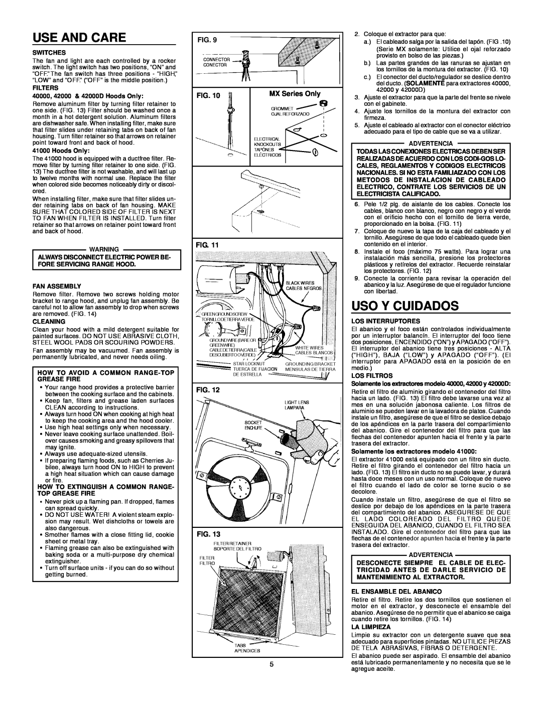 Broan 412401 installation instructions Use And Care, Uso Y Cuidados, MX Series Only 