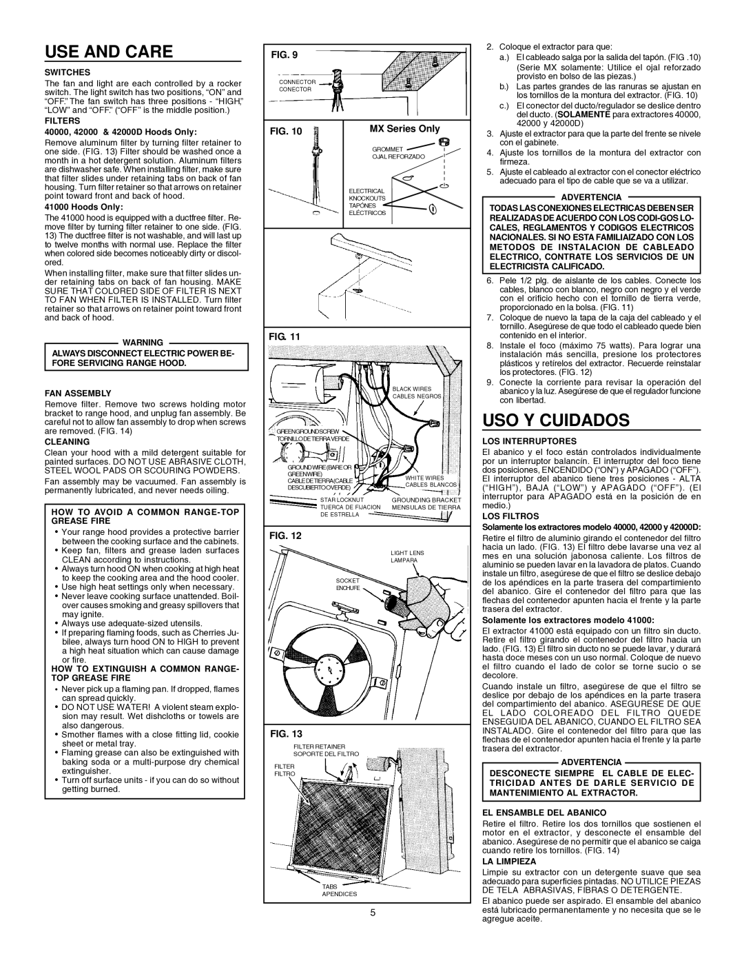 Broan 412404 installation instructions USE and Care, USO Y Cuidados 