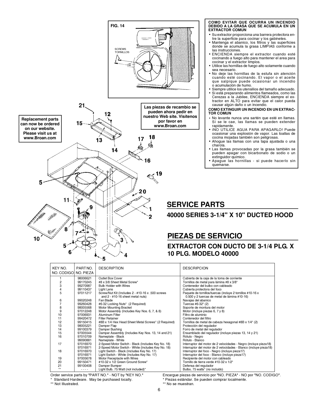 Broan 412404 Service Parts, Piezas DE Servicio, Extractor CON Ducto DE 3-1/4 PLG. X 10 PLG. Modelo 