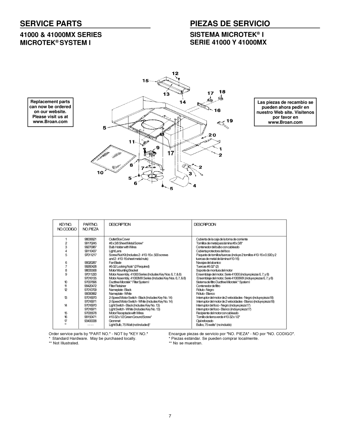 Broan 412404 installation instructions Service Parts Piezas DE Servicio, Sistema Microtek, Microtek System, No.Pieza 