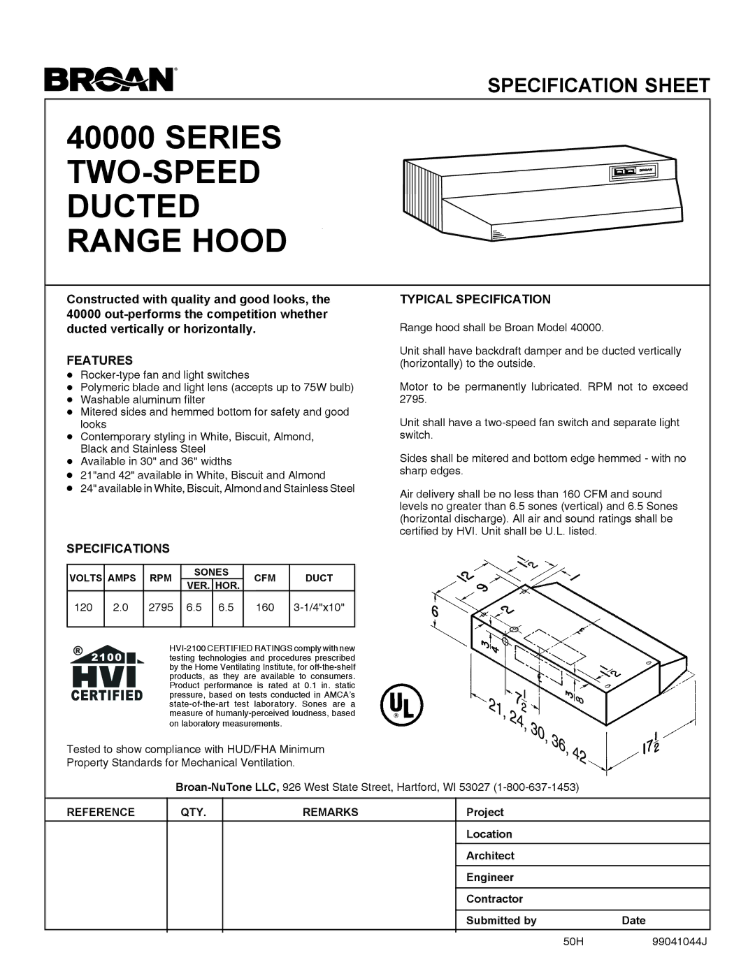 Broan 40000 Series, 413602 specifications TWO-SPEED Ducted Range Hood, Features, Specifications, Typical Specification 