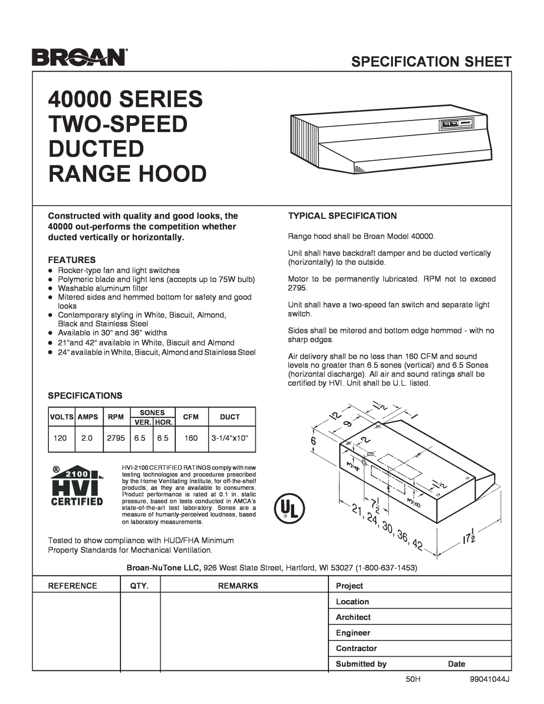Broan 40000 Series specifications Series Two-Speed Ducted Range Hood, Specification Sheet, Features, Specifications, 2795 