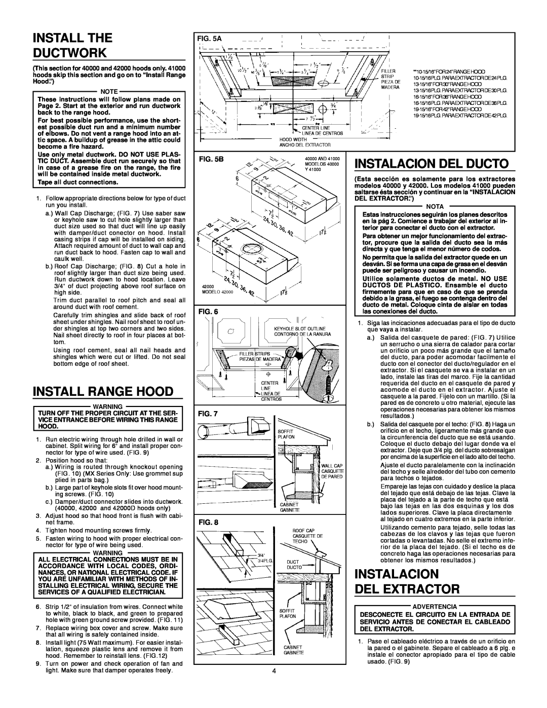 Broan 413623 installation instructions Install The Ductwork, Install Range Hood, Del Extractor, Instalacion Del Ducto, A, B 