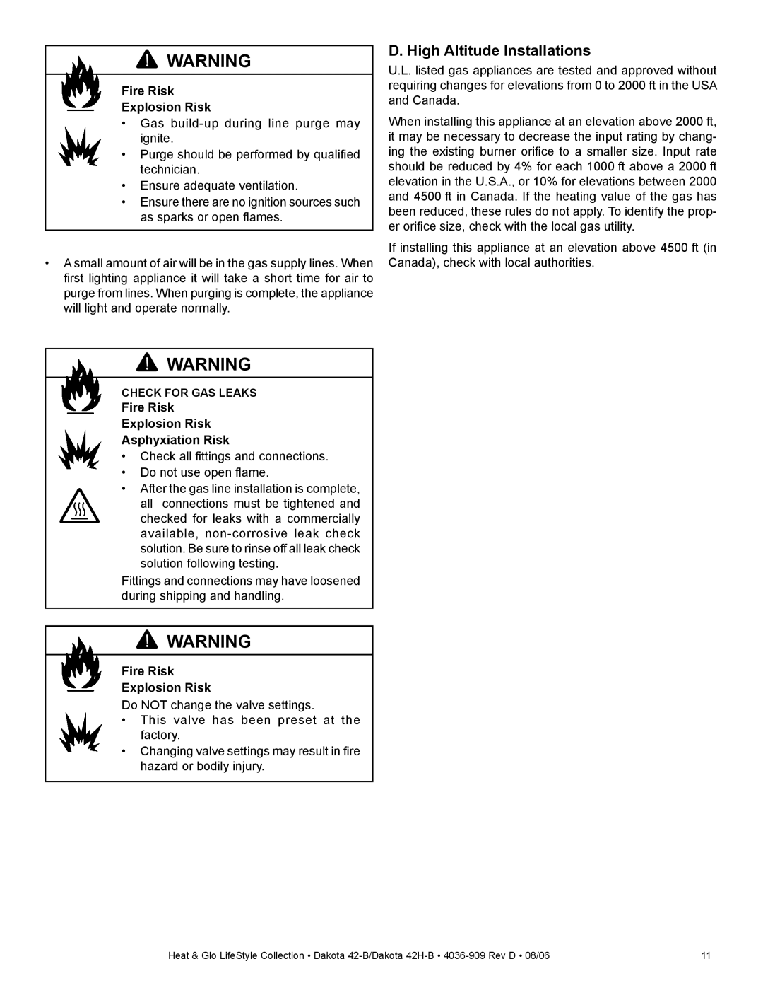 Broan 42-B, 42H-B owner manual High Altitude Installations, Fire Risk Explosion Risk Asphyxiation Risk 