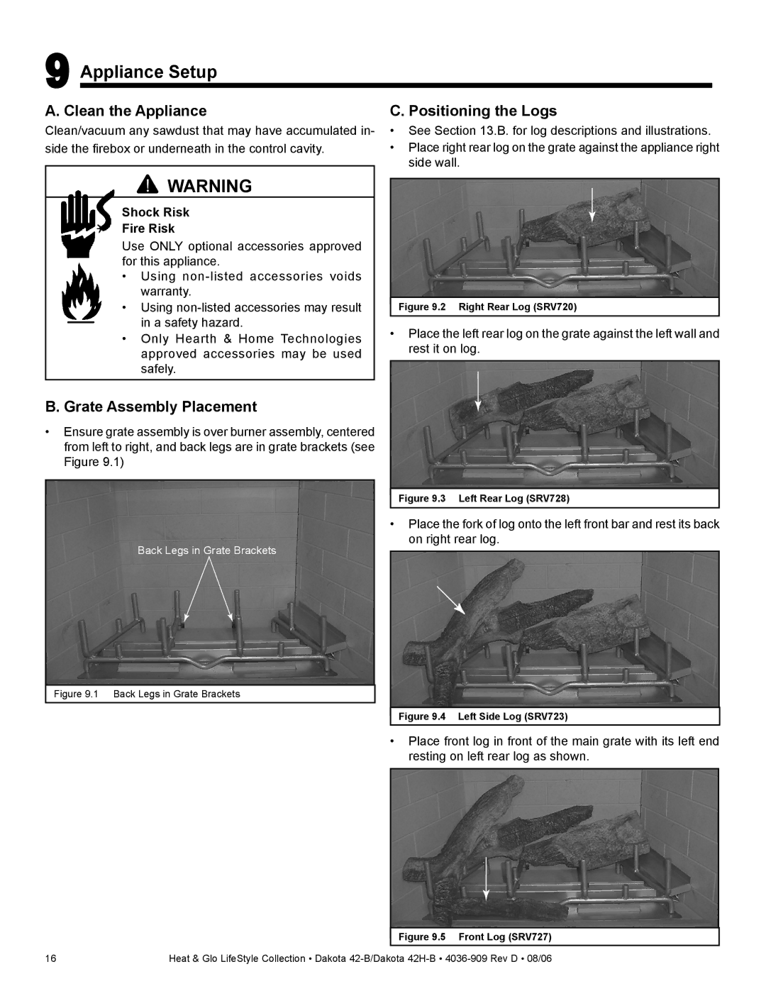 Broan 42H-B Appliance Setup, Clean the Appliance, Grate Assembly Placement, Positioning the Logs, Shock Risk Fire Risk 