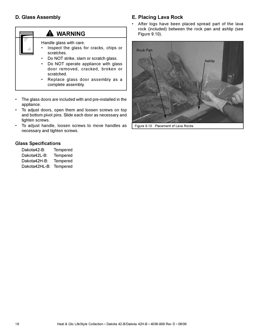 Broan 42H-B, 42-B owner manual Glass Assembly, Placing Lava Rock 