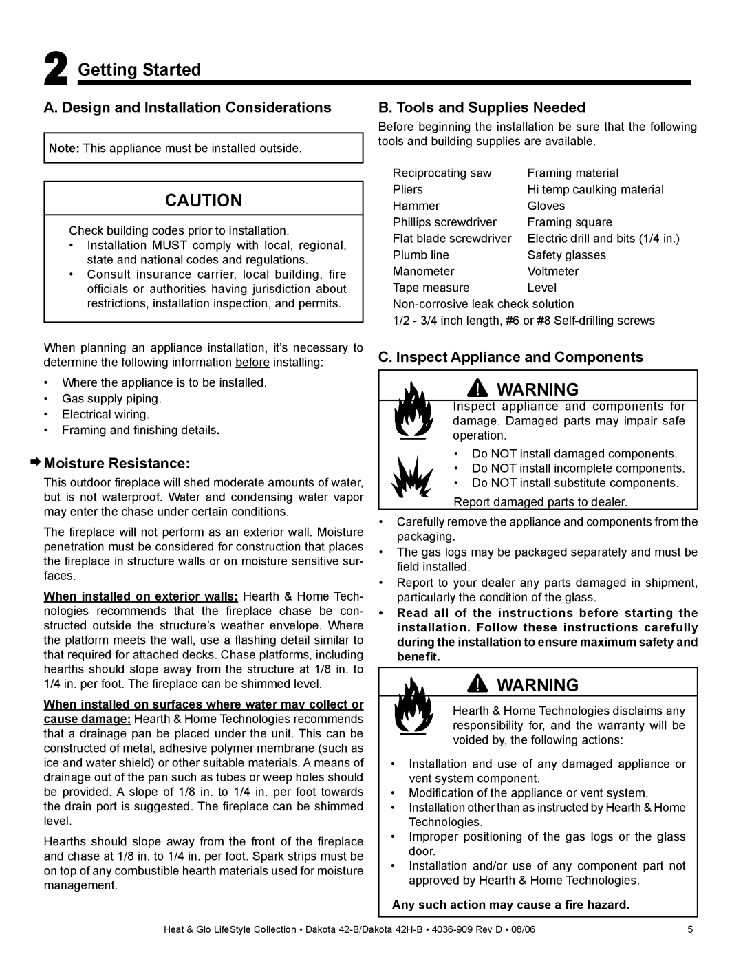 Broan 42-B Getting Started, Design and Installation Considerations, ¨ Moisture Resistance, Tools and Supplies Needed 