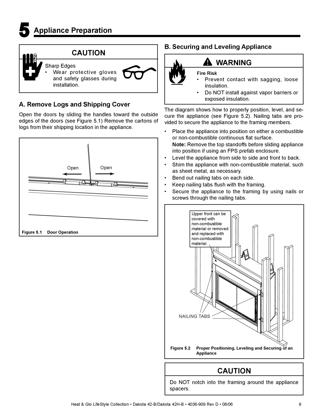 Broan 42-B, 42H-B owner manual Appliance Preparation, Remove Logs and Shipping Cover, Securing and Leveling Appliance 