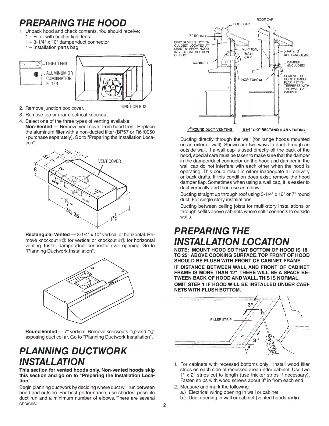 Broan 433004, 433011, 433023 warranty Preparing the Hood, Planning Ductwork Installation, Remove junction box cover 