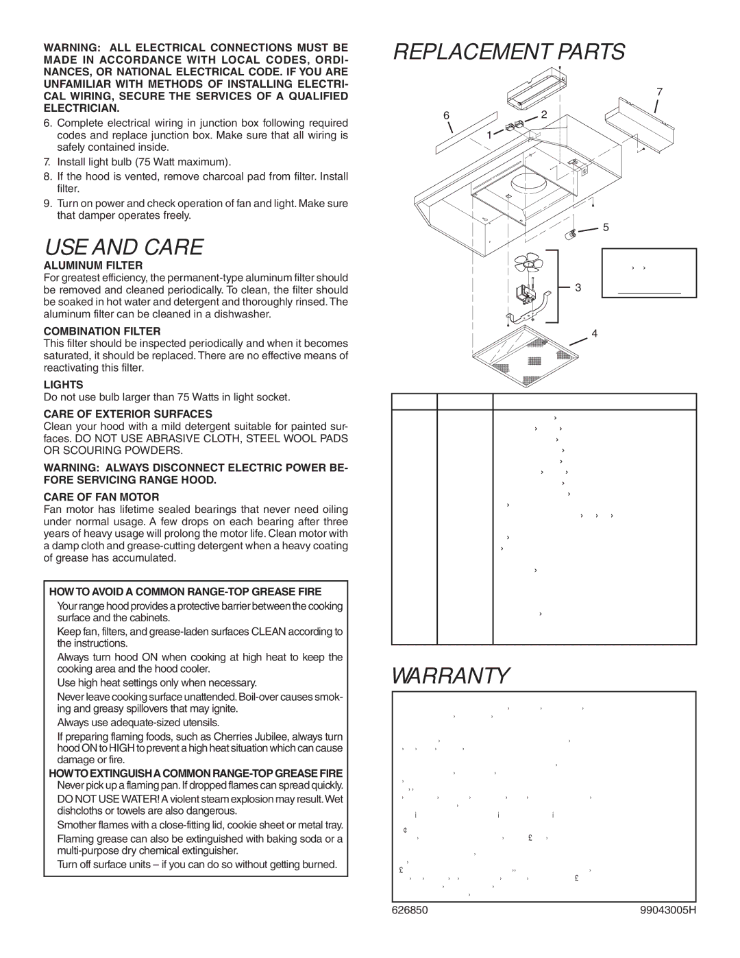 Broan 433023, 433011, 433004 warranty USE and Care, Replacement Parts, Warranty 