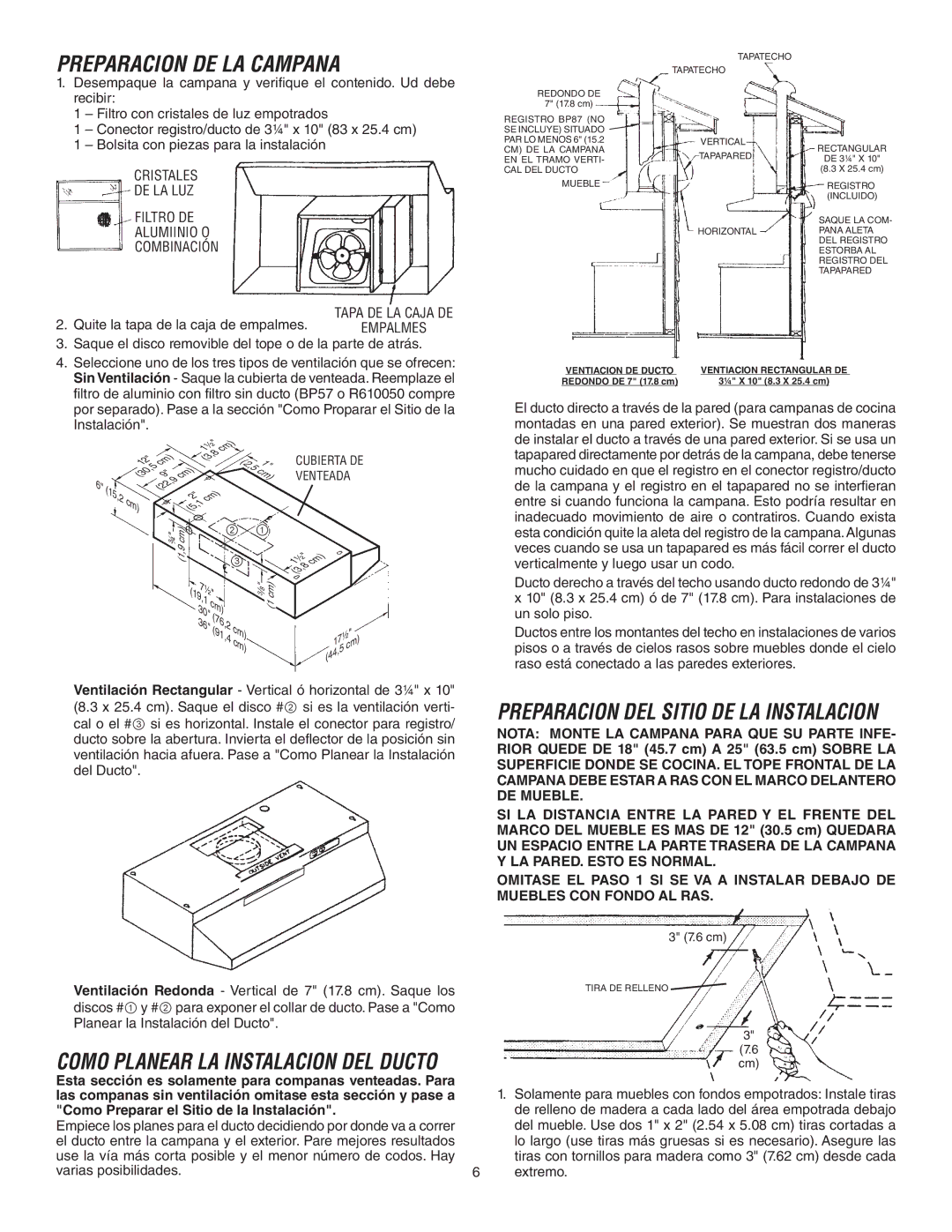 Broan 433011, 433023, 433004 warranty Preparacion DE LA Campana, Como Planear LA Instalacion DEL Ducto 