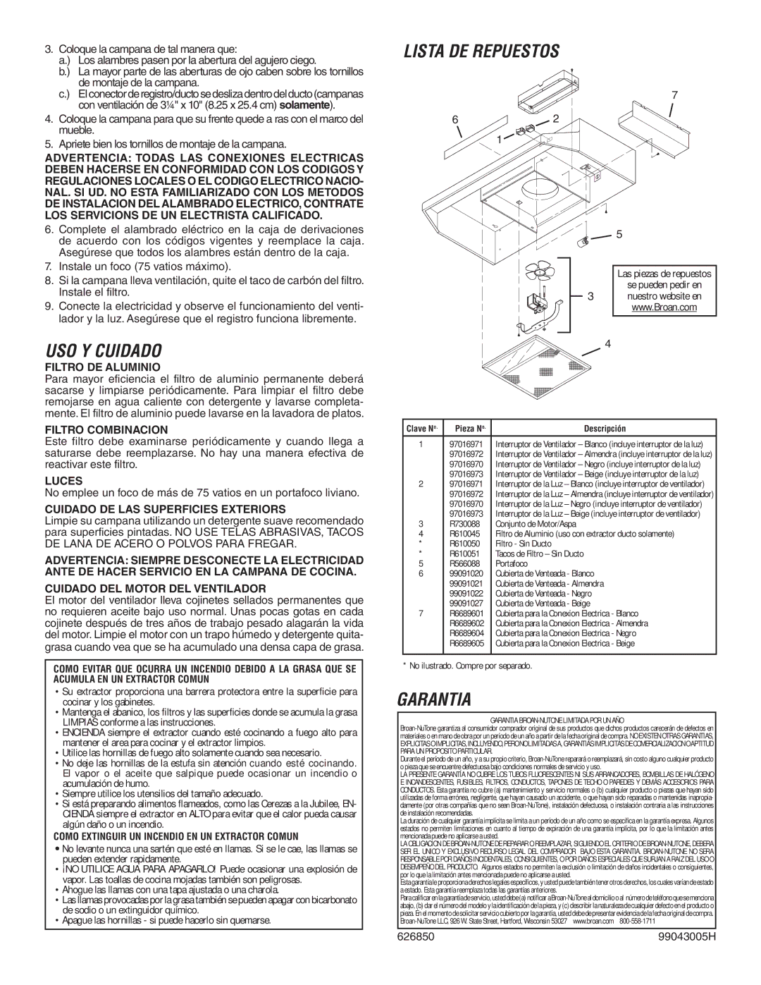 Broan 433004, 433011, 433023 warranty USO Y Cuidado, Lista DE Repuestos, Garantia 