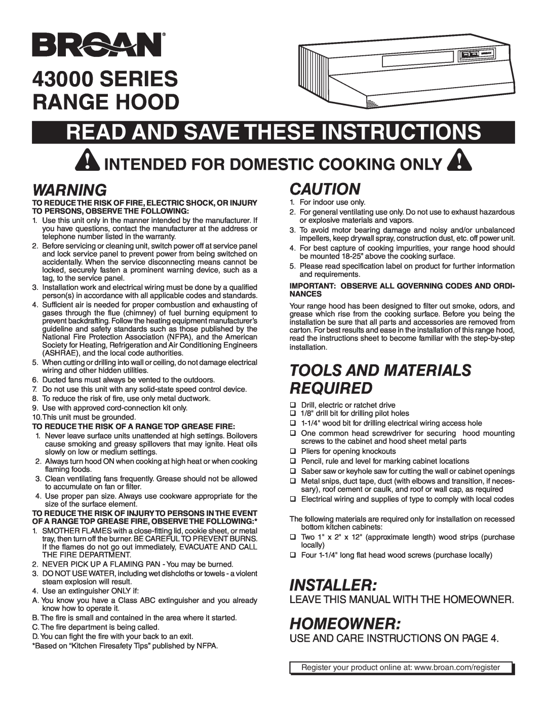 Broan 433023 warranty Series Range Hood, Read And Save These Instructions, Intended For Domestic Cooking Only, Installer 
