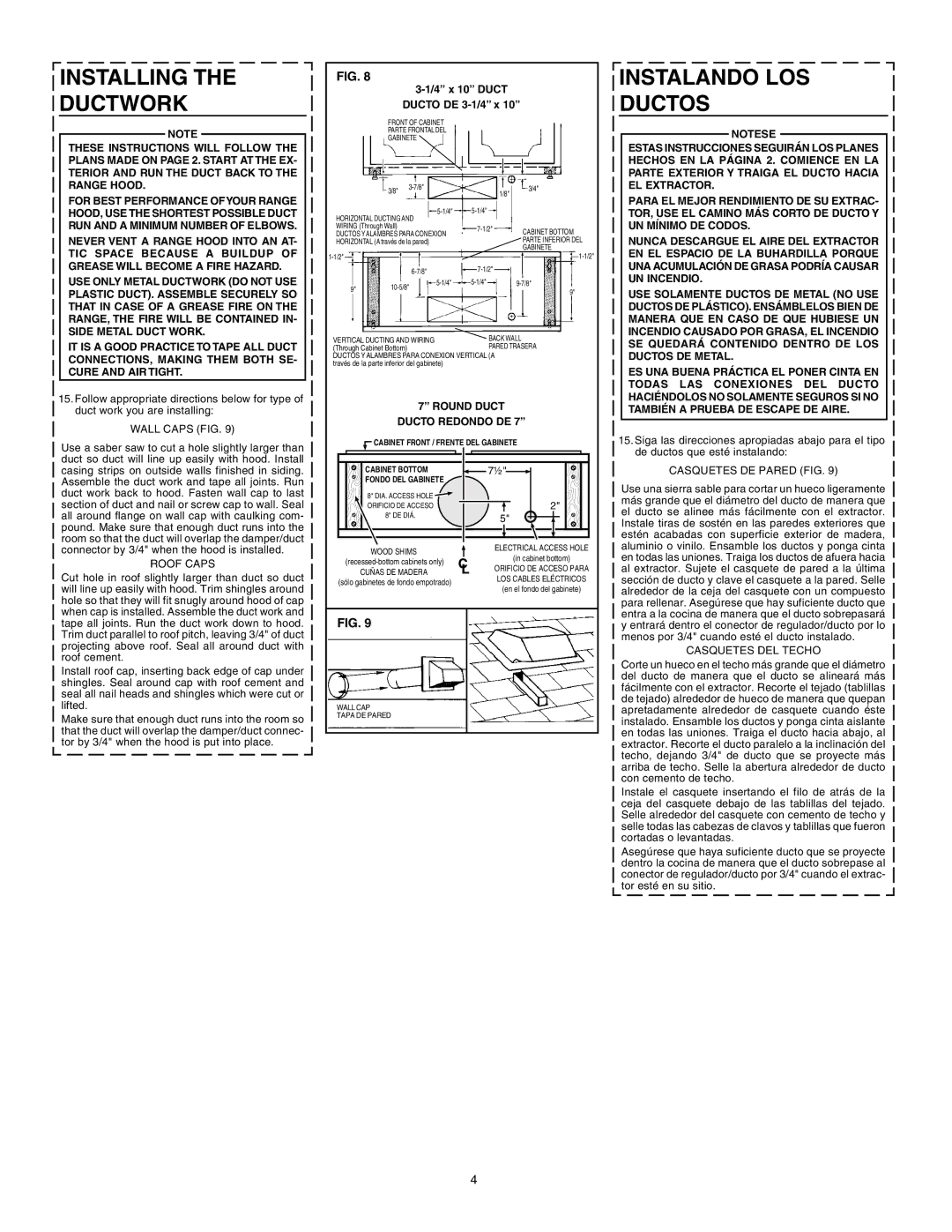 Broan 46000 warranty Installing Ductwork, Instalando LOS Ductos, 4 x 10 Duct Ducto DE 3-1/4 x, Round Duct Ducto Redondo DE 