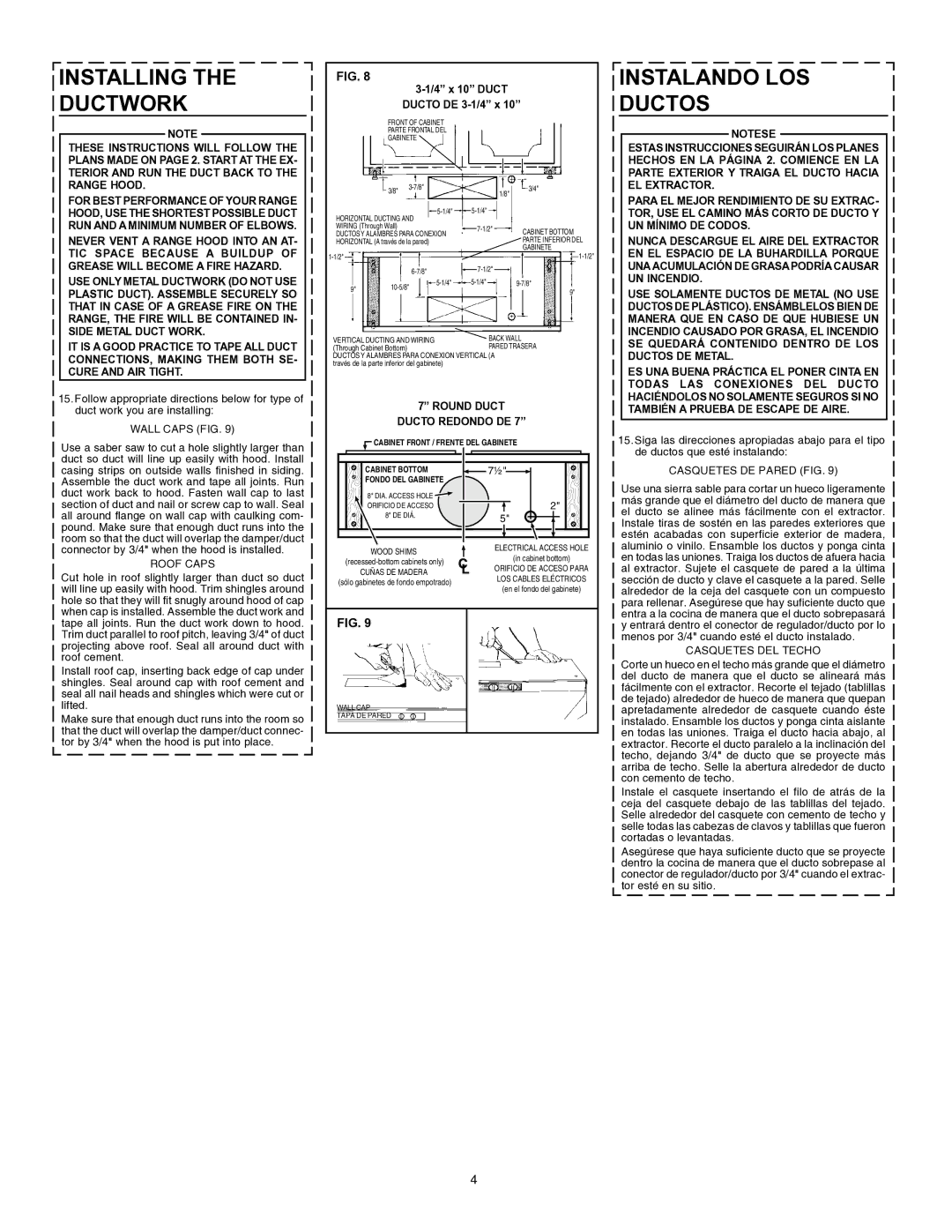 Broan 46000 warranty Installing Ductwork, Instalando LOS Ductos, 4 x 10 Duct Ducto DE 3-1/4 x, Round Duct Ducto Redondo DE 