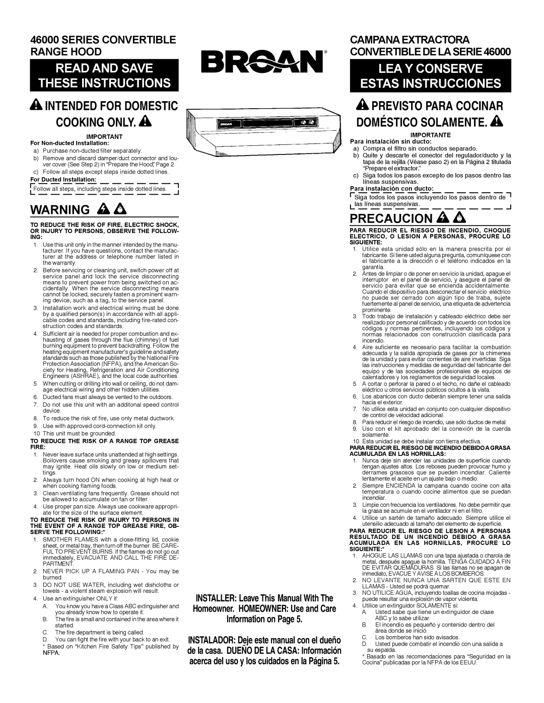 Broan 463001 warranty Precaucion, To Reduce the Risk of a Range TOP Grease Fire, Importante 