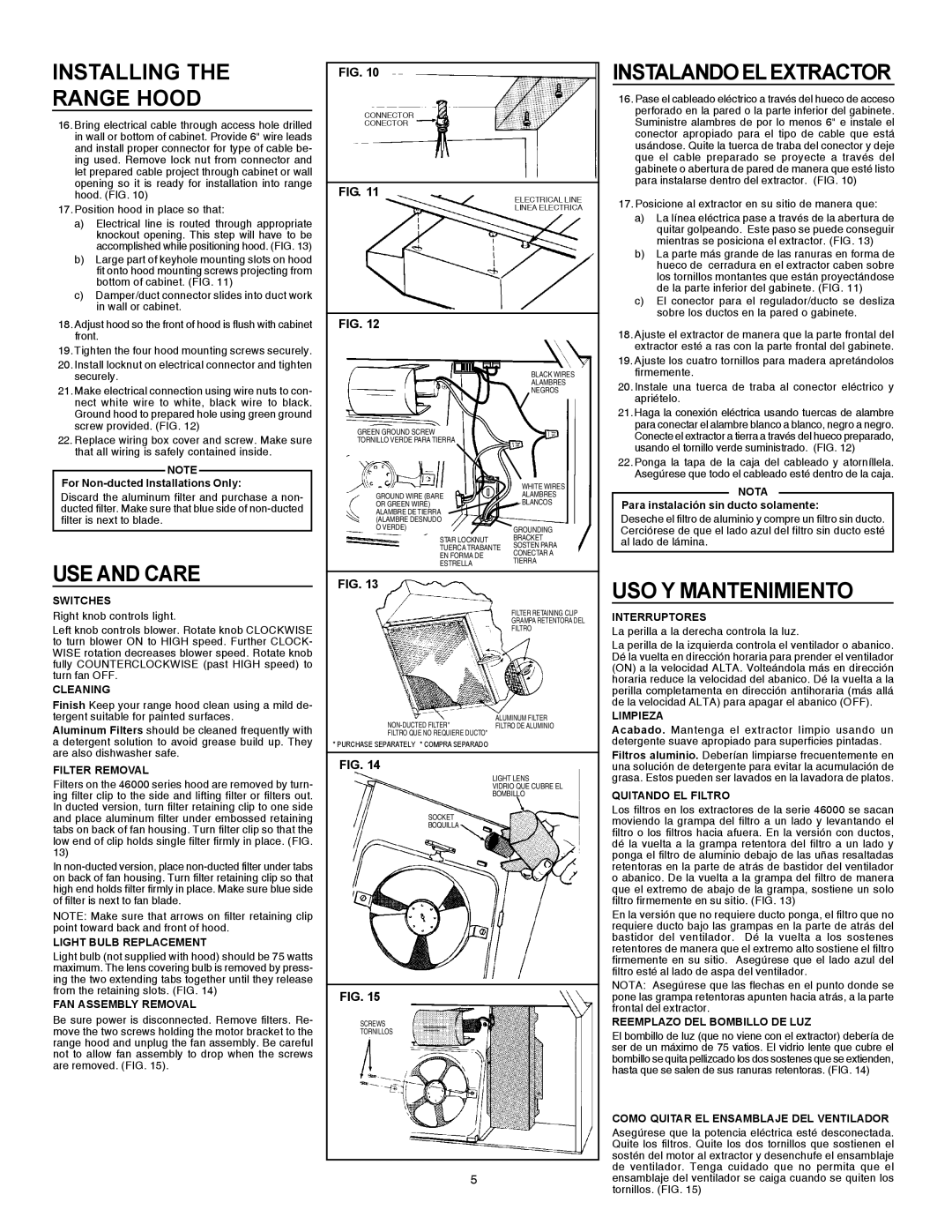 Broan 463001 warranty Installing Range Hood, USE and Care, Instalando Elextractor, USO Y Mantenimiento 