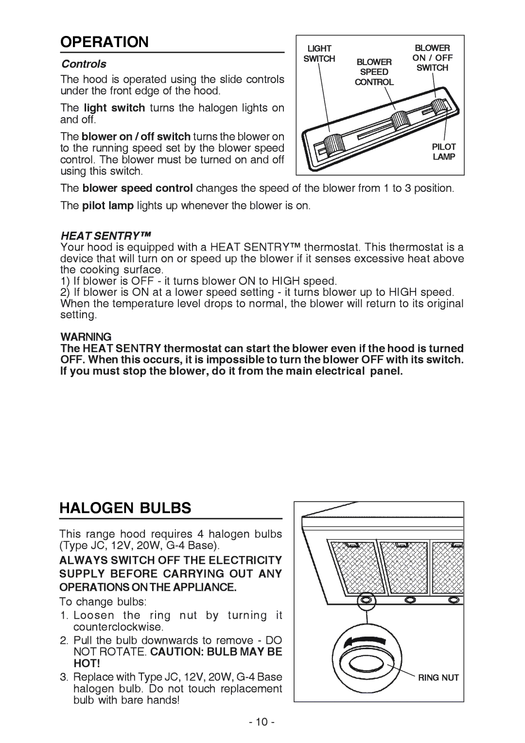 Broan 61000, 614804 manual Operation, Halogen Bulbs, Controls, Hot 