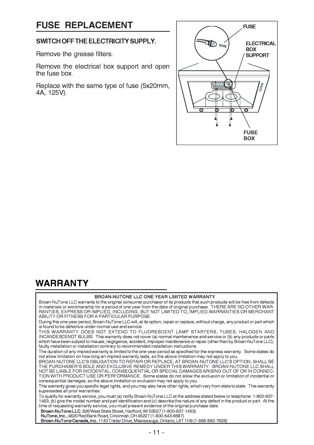 Broan 614804, 61000 manual Fuse Replacement, Warranty, Switchofftheelectricitysupply 