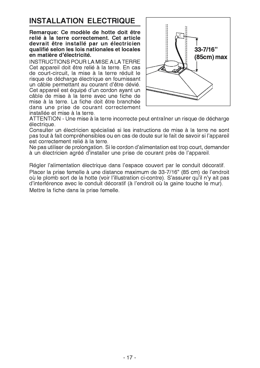 Broan 614804, 61000 manual Installation Electrique 