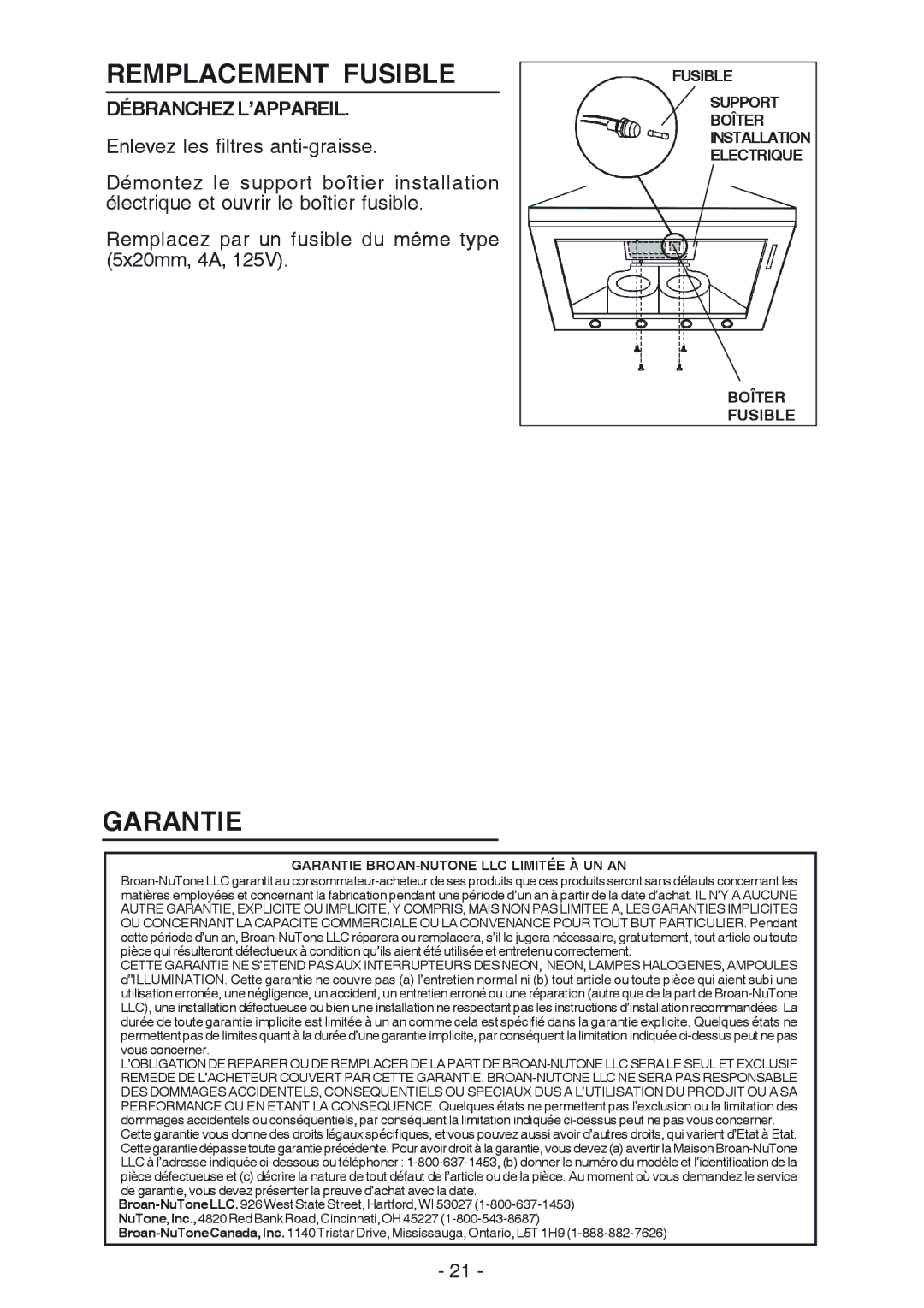 Broan 614804, 61000 manual Remplacement Fusible, Garantie, Débranchezl’Appareil 