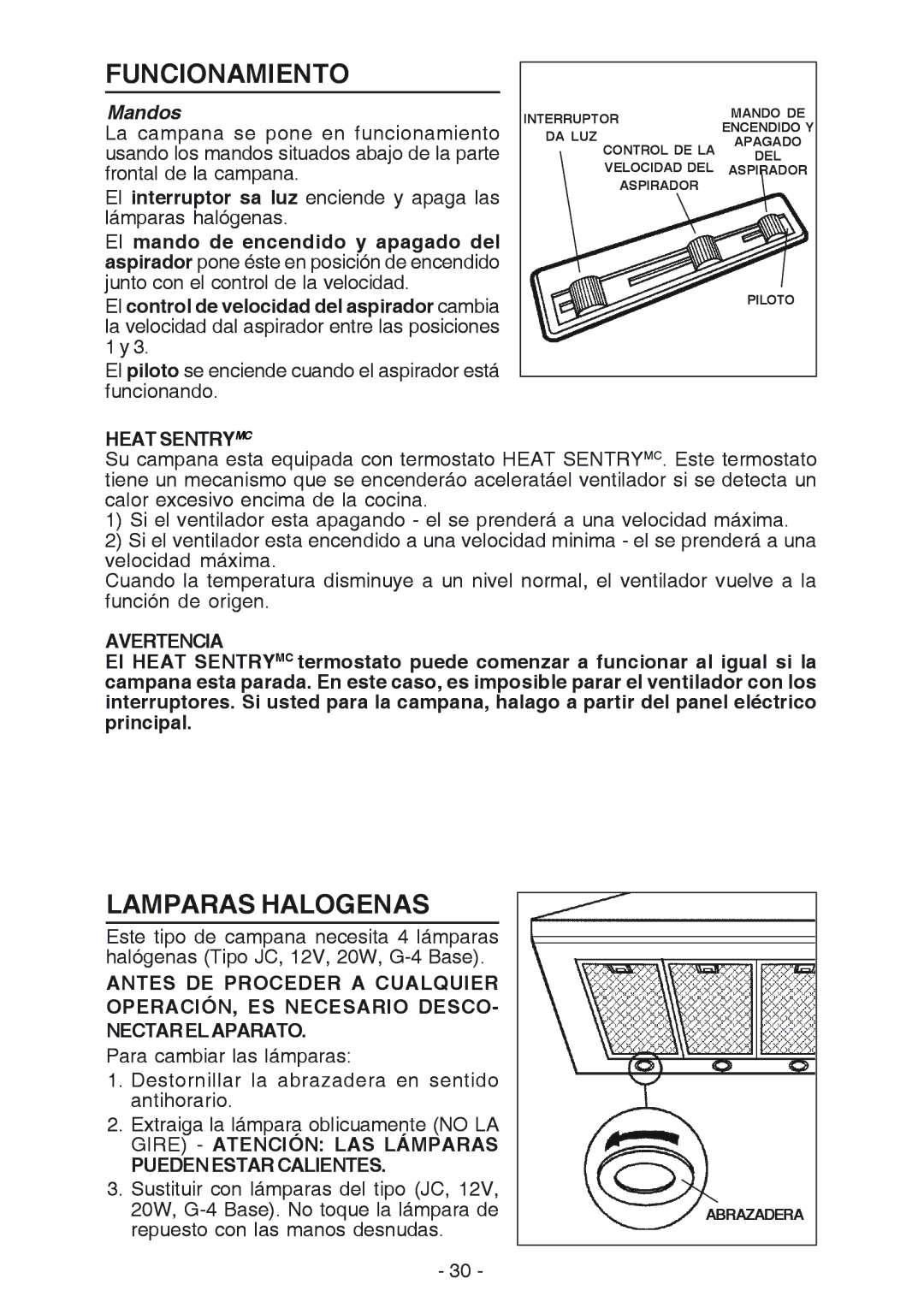 Broan 61000, 614804 manual Funcionamiento, Lamparas Halogenas, Mandos 