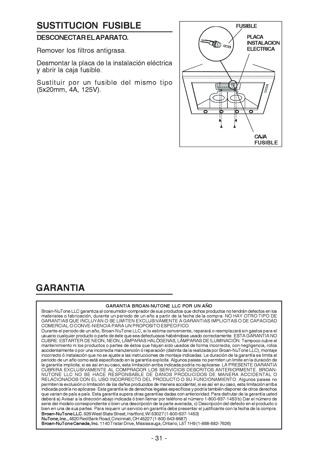 Broan 614804, 61000 manual Sustitucion Fusible, Garantia, Desconectarelaparato 