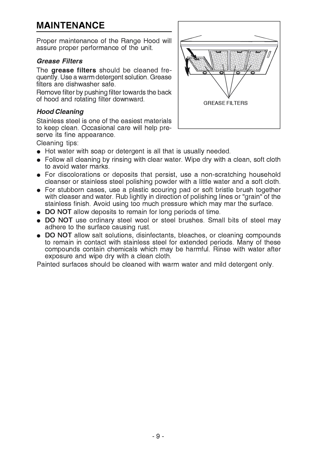 Broan 614804, 61000 manual Maintenance, Grease Filters, Hood Cleaning 