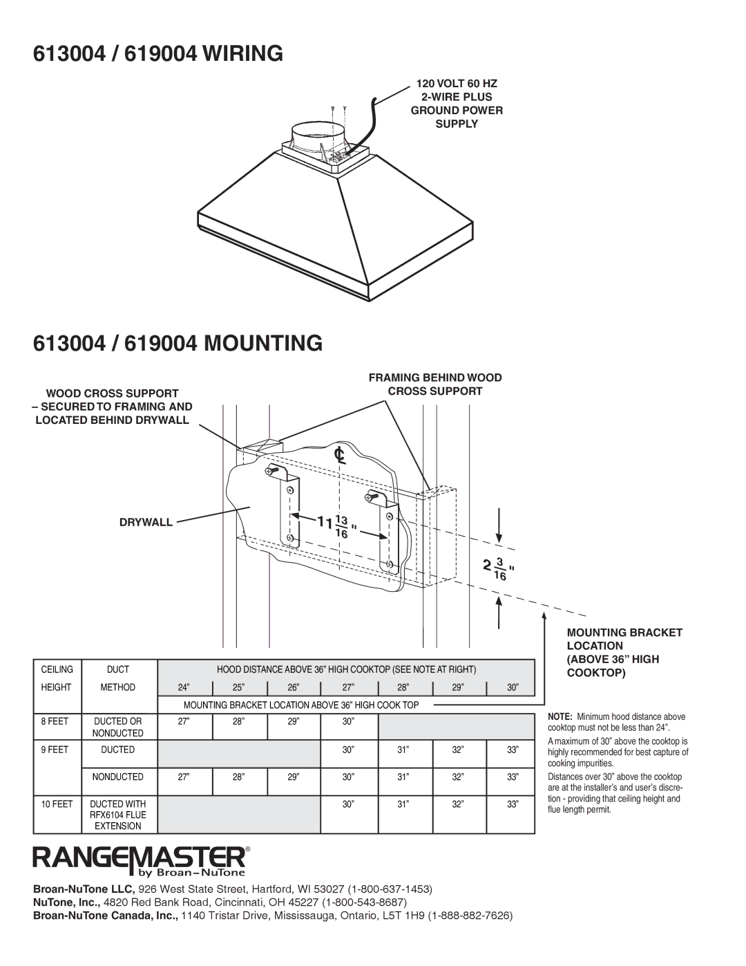 Broan 613004 / 619004 Wiring, 613004 / 619004 Mounting, Volt 60 HZ, Mounting bracket location above 36 high cooktop 