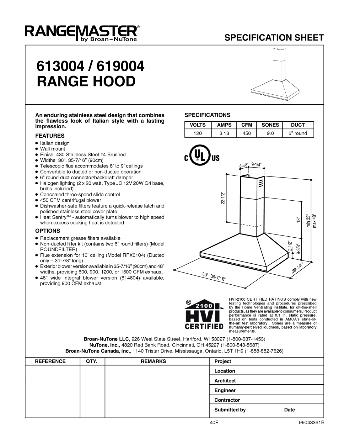Broan 613004, 619004 specifications Range Hood, Specification Sheet, 30, 35-7/16, Features, Options, Specifications 