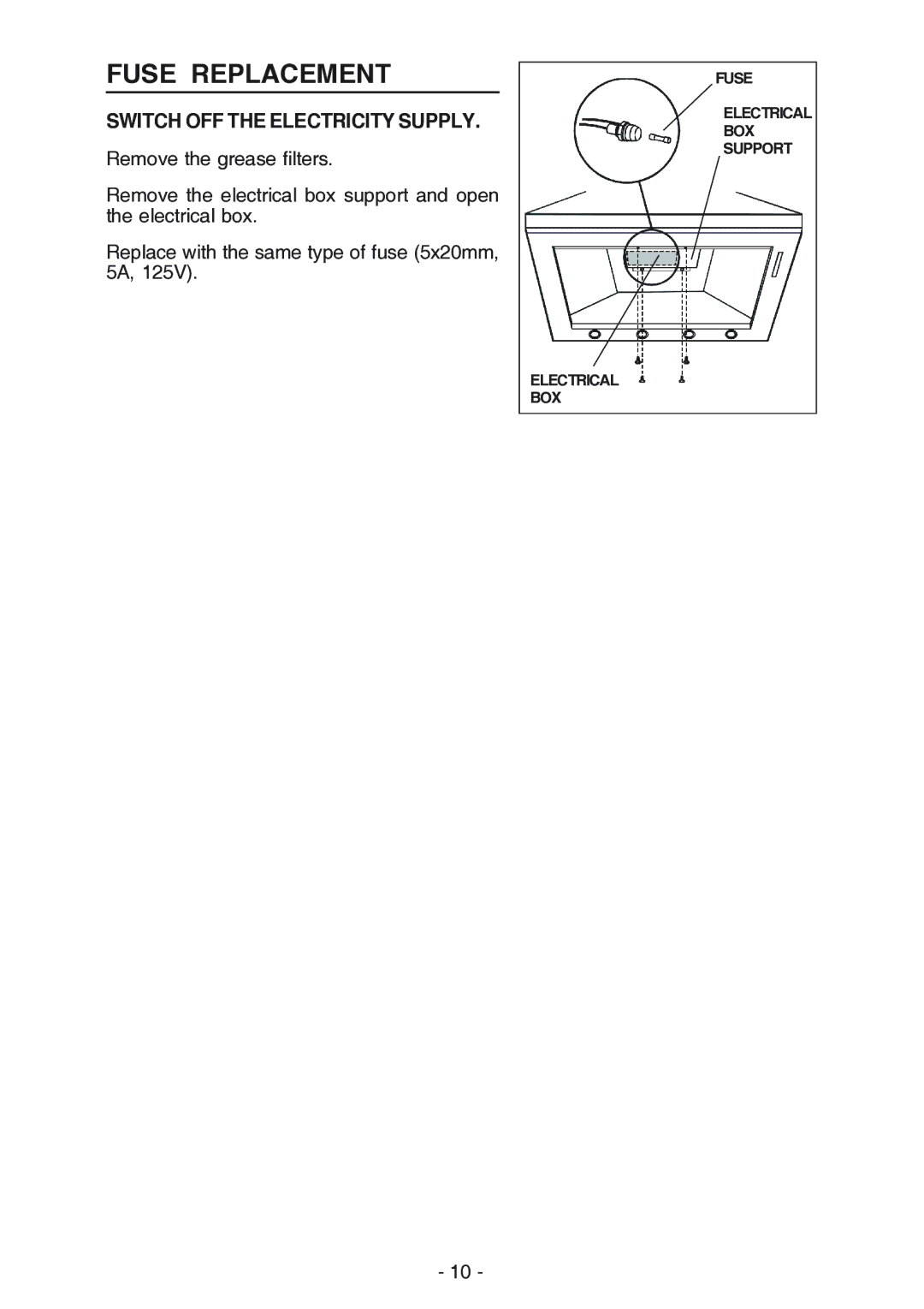 Broan 619004EX manual Fuse Replacement, Switch OFF the Electricity Supply 