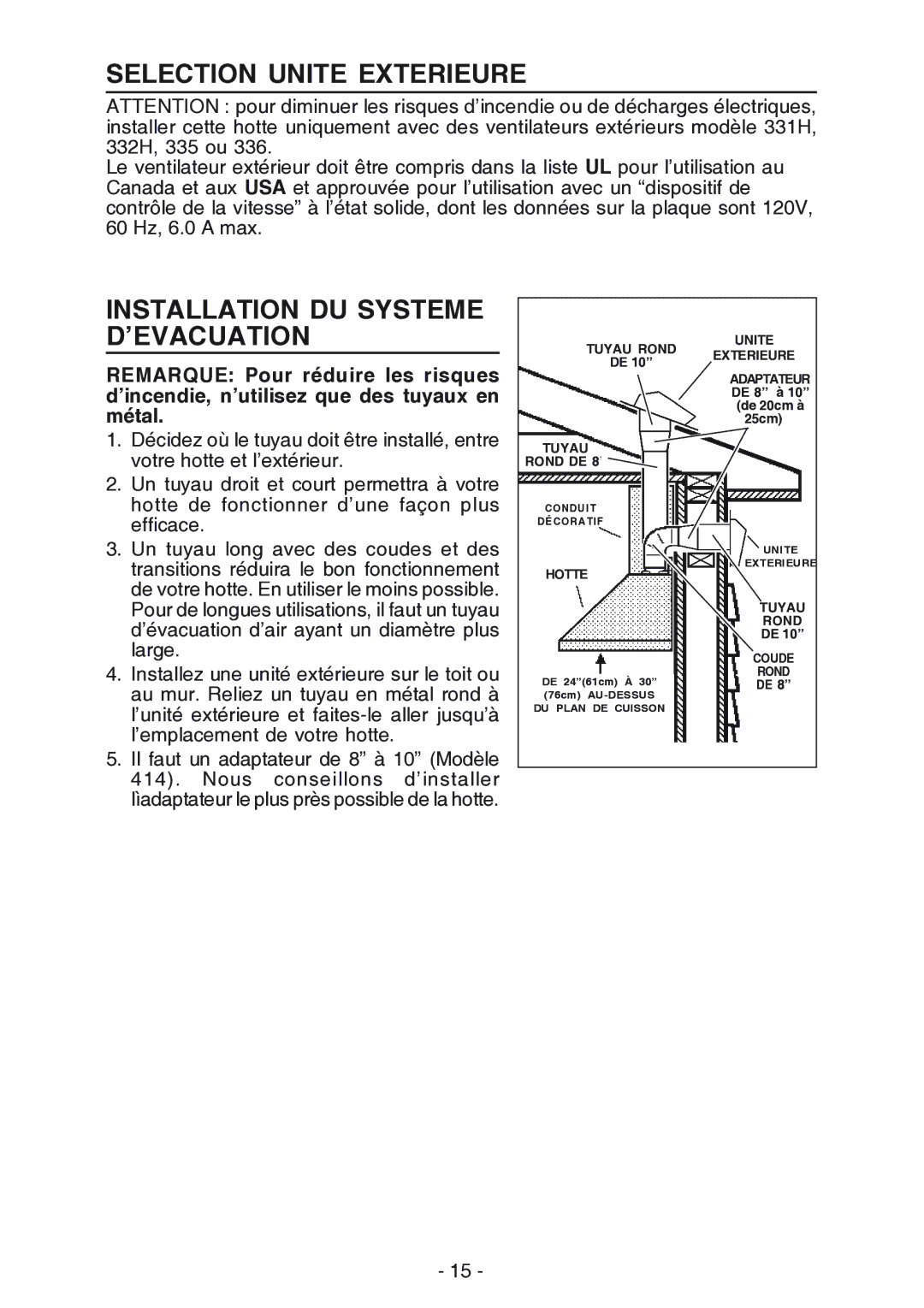 Broan 619004EX manual Selection Unite Exterieure, Installation DU Systeme D’EVACUATION 