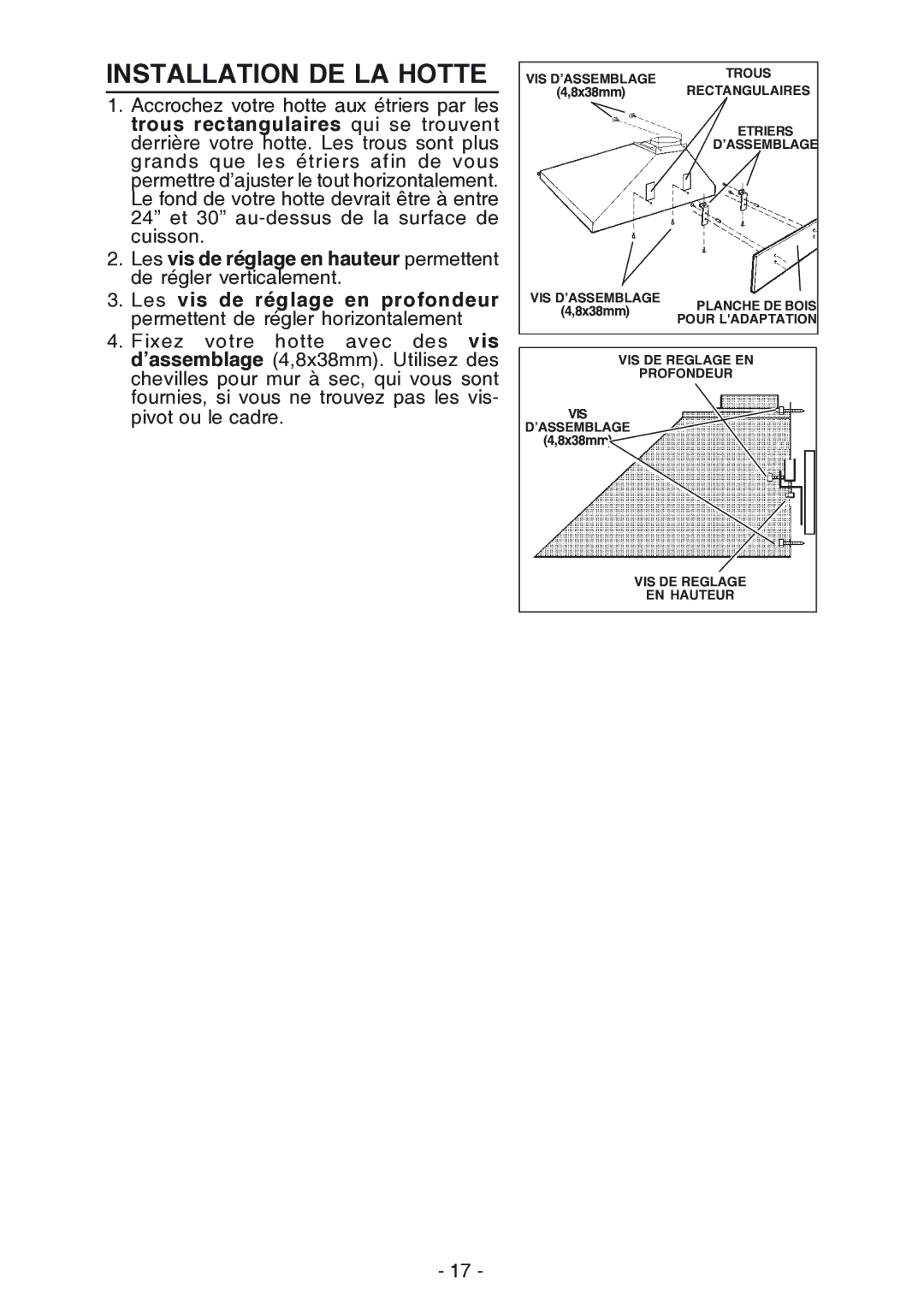 Broan 619004EX manual Installation DE LA Hotte 