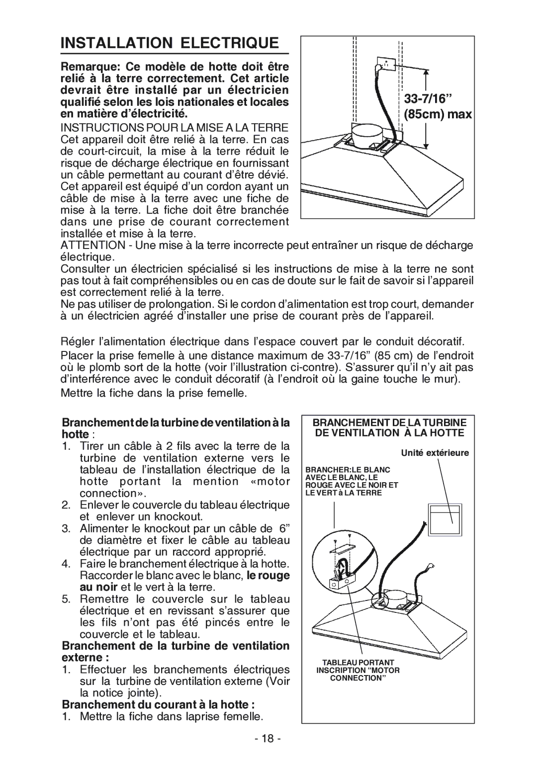 Broan 619004EX manual Installation Electrique, En matière d’électricité 85cm max 