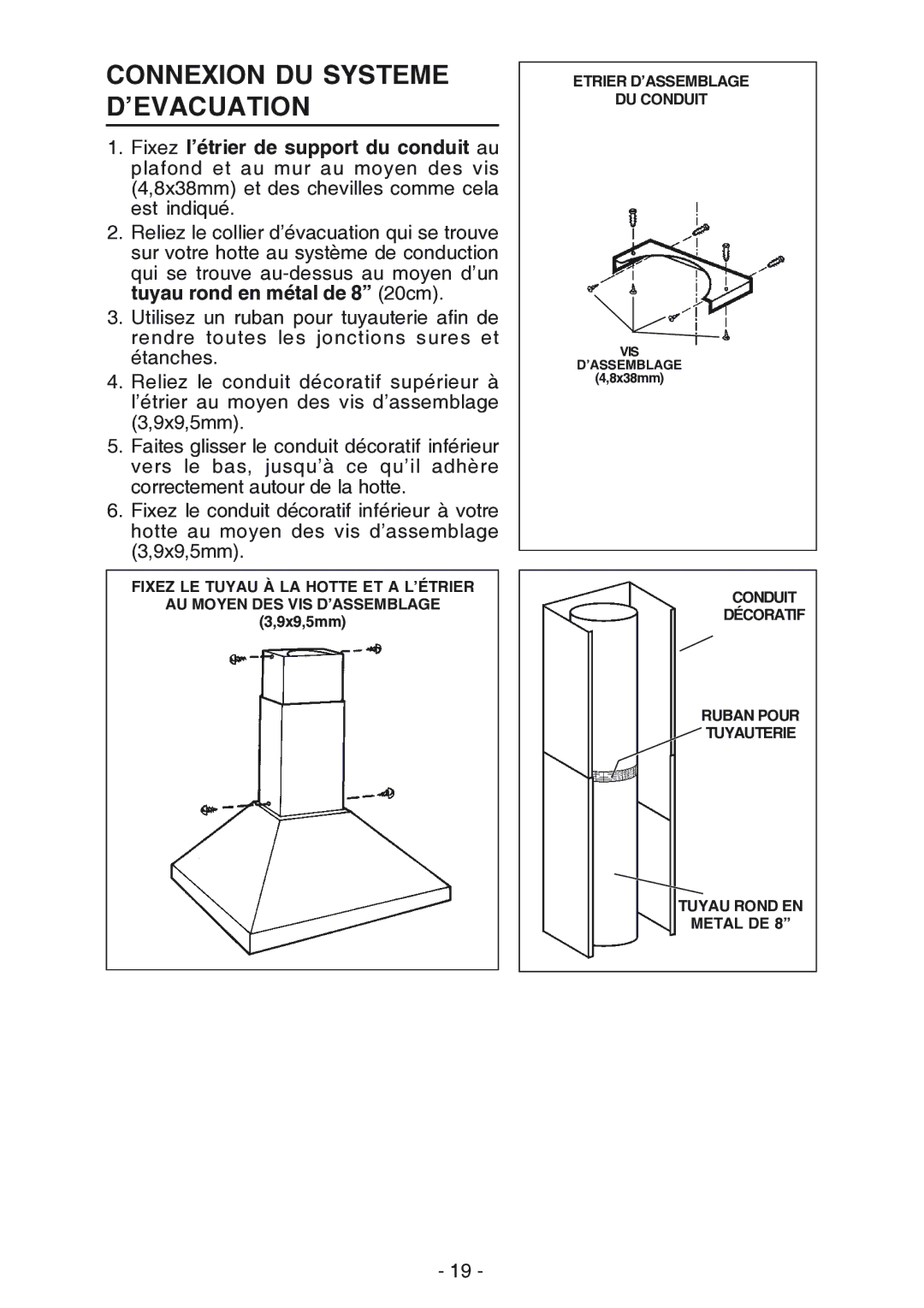 Broan 619004EX manual Connexion DU Systeme D’EVACUATION 