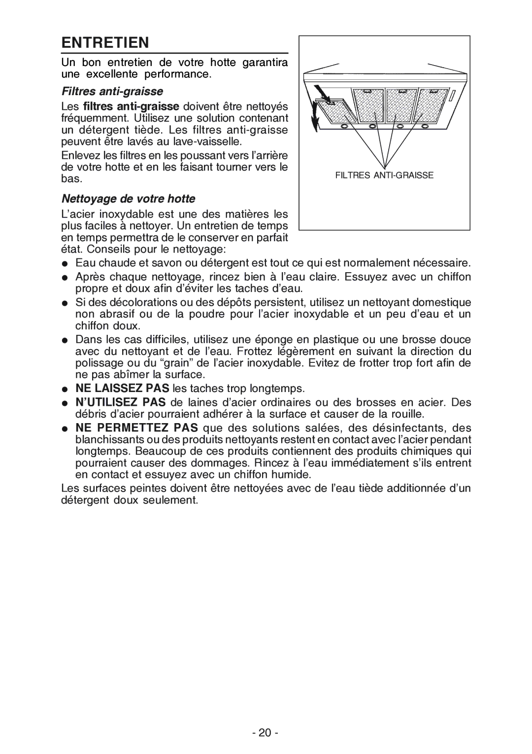 Broan 619004EX manual Entretien, Filtres anti-graisse, Nettoyage de votre hotte 