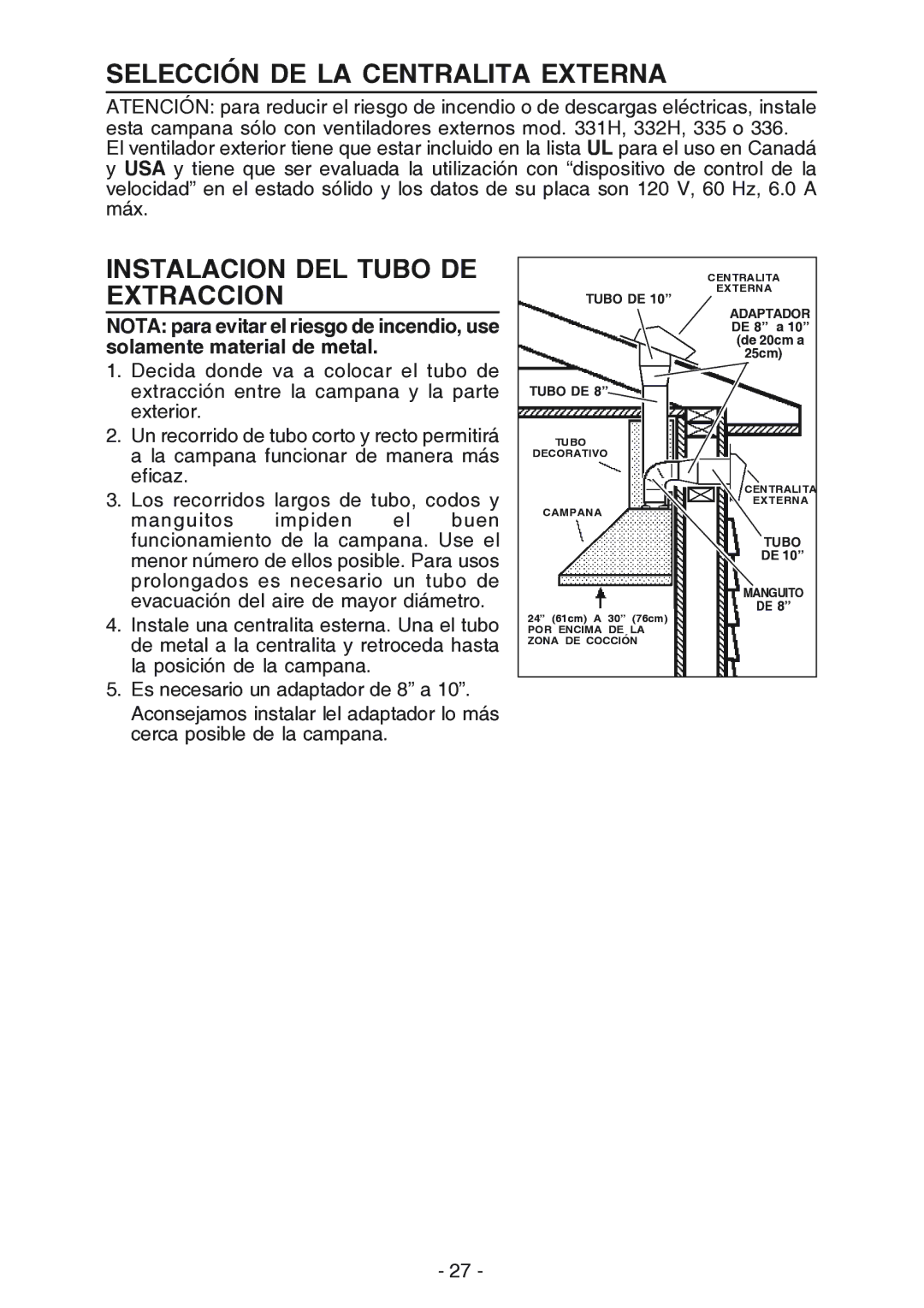 Broan 619004EX manual Selección DE LA Centralita Externa, Instalacion DEL Tubo DE, Extraccion 