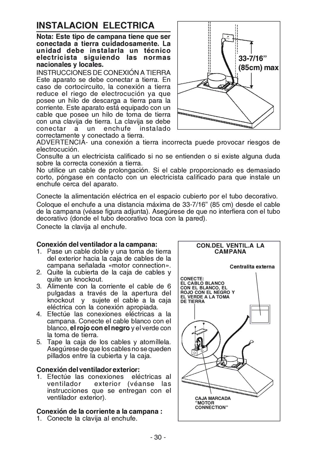 Broan 619004EX manual Instalacion Electrica, Conexión del ventilador a la campana 