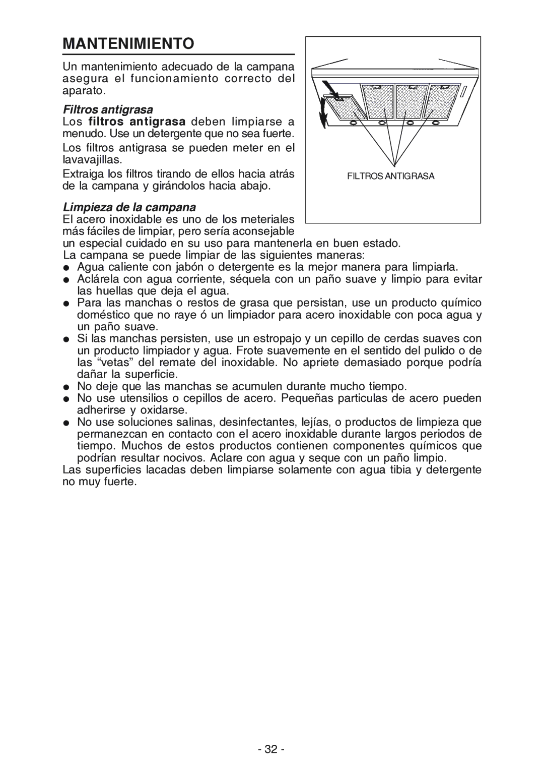 Broan 619004EX manual Mantenimiento, Filtros antigrasa, Limpieza de la campana 