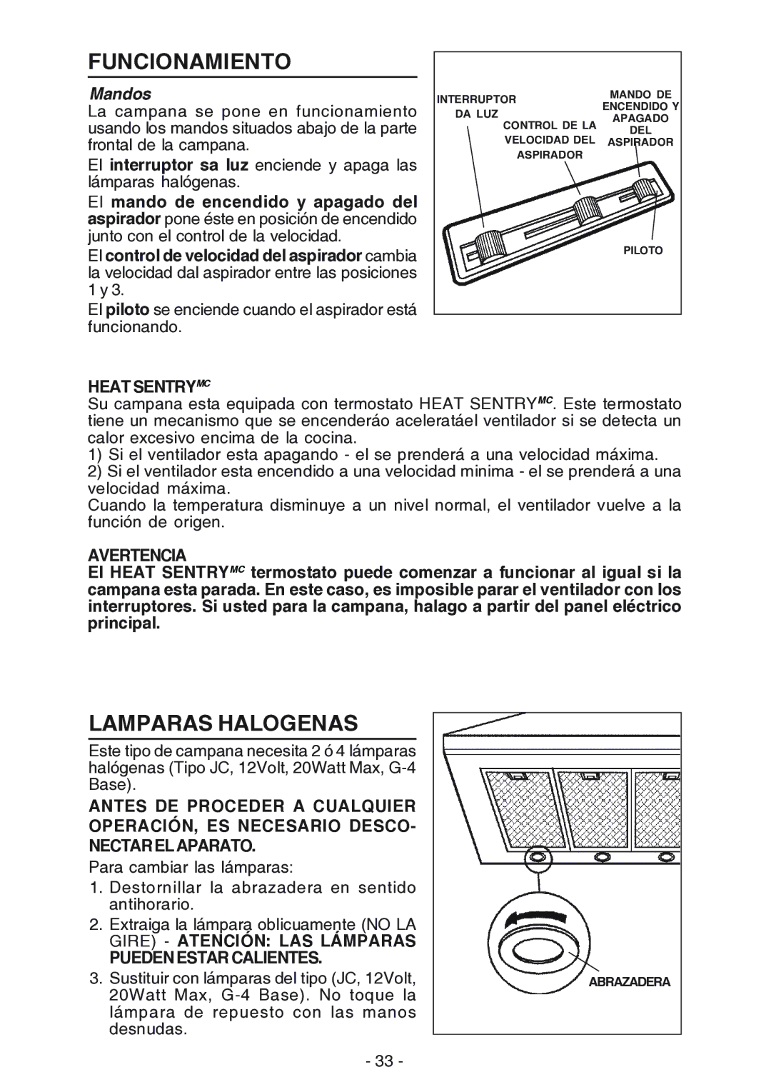 Broan 619004EX manual Funcionamiento, Lamparas Halogenas, Mandos 